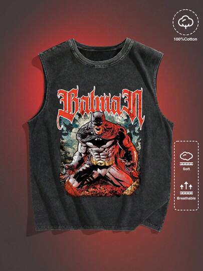 Batman X ROMWE Herren lässiges Streetstyle Tank Top mit Anime Helden & Buchstaben Muster, Sommer, Schule