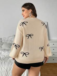 SHEIN Privé Plus Size Women Jacquard Knit Pullover Sweater With Bow Design, French Style Warm Knitwear, New For Autumn/Winter - Multicolor - View 2