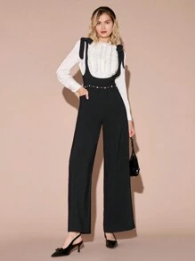 Enchnt 女士纯色宽肩带前系带连体裤，休闲日常穿着 - 黑色 - 查看 1