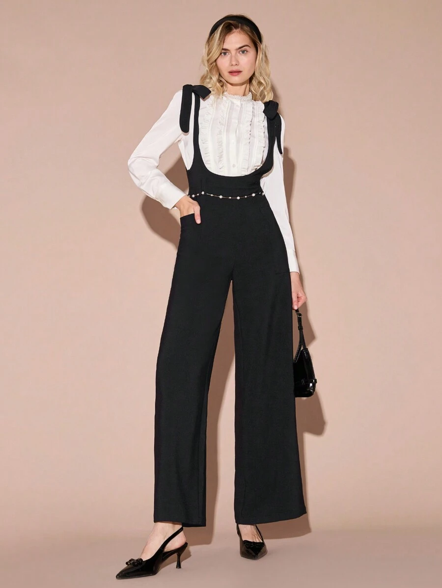 Enchnt 女士纯色宽肩带前系带连体裤，休闲日常穿着 - 黑色 - 查看 1