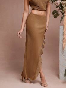 L'Amorae Women's Solid Color Elastic Waist Ruffle Hem Side Slit Maxi Skirt