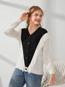 Tween Girl Contrast Color Button Front Fringed Elegant Long Sleeve Cardigan - Black - View 6