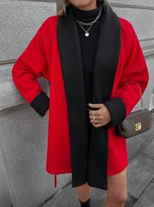 SHEIN Clasi 女士撞色翻领长袖休闲夹克，秋冬保暖 - 紅色 - 查看 5