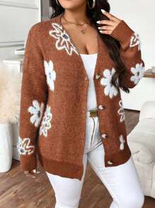 Calvaya 大码休闲花卉图案前扣开衫，适合秋冬季 - 鏽棕色 - 查看 3