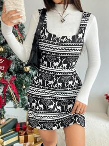 SHEIN EZwear Váy dây họa tiết tuần lộc thường ngày dành cho nữ nhân dịp Giáng sinh - màu đen - Xem 5