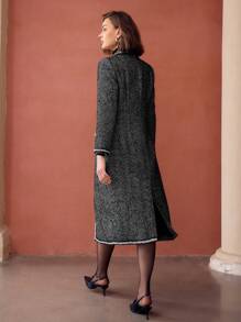 MOTF PREMIUM Mantel mit Stehkragen, Zierperlen und Pailletten-Besatz, Fischgrätmuster