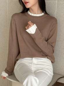 DAZY 女式双色荷叶边立领休闲宽松毛衣，长袖上衣秋季 - 棕色 - 查看 9