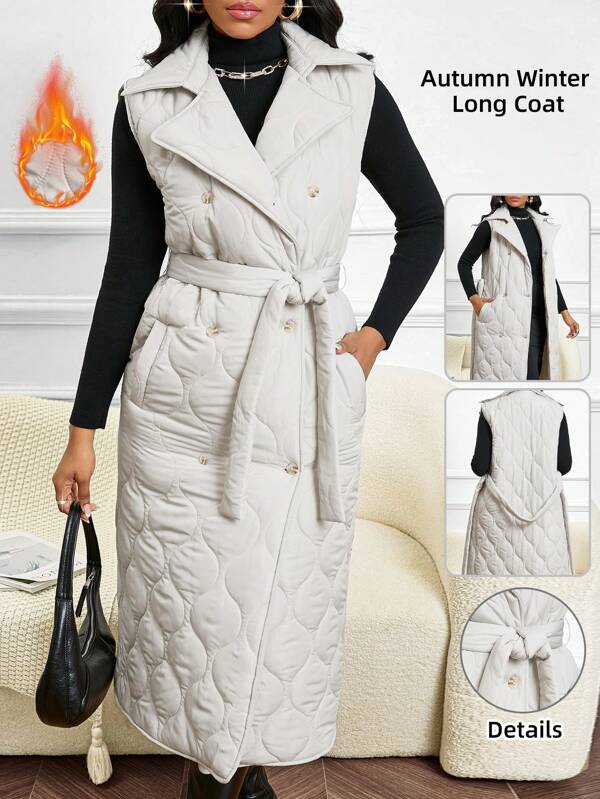 SHEIN Lady Four Season Bej Vestă lungă căptușită Femei Mantouri de iarnă