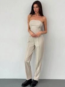 Aloruh 2pcs/Set Winter New PU Top & Slimming High-Waisted Pants Set,  And Warm - Apricot - View 8