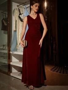 Eilly Bazar Vestido De Fiesta Elegante Para Mujer Con Cuello En V, Sin Mangas Y Con Clase - Burdeos - Ver 4