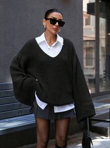 EURMUSE Casual Oversize Deep V Neck Double Flare Sleeve Sweater - Black - View 6