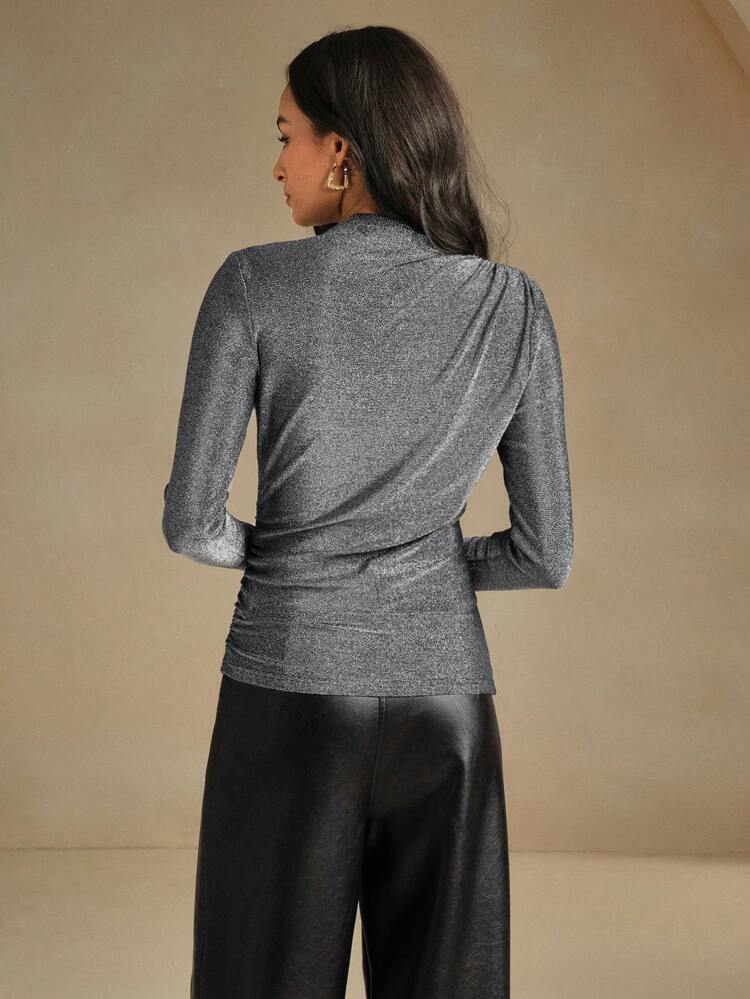 Women Elegant Commute Design Ruched Christmas Knit Top, Silver & Black
