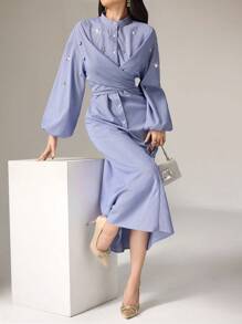 Heiryn 女士纯色立领灯笼袖收腰扭腰休闲中长连衣裙，秋季 - 藍色 - 查看 4