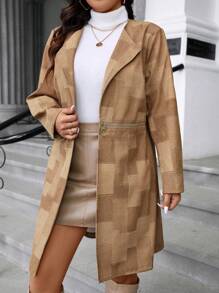 Calvaya Plus Size Women Spring Autumn Long Sleeve Casual Patchwork Zip Up Jacket - Brown - View 8