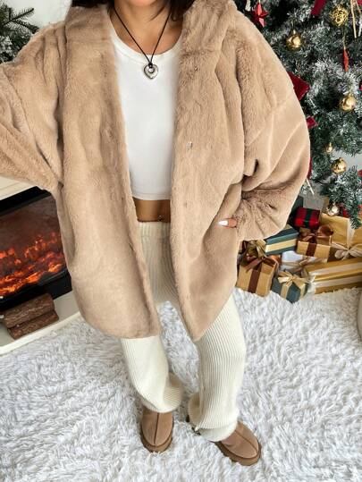 SHEIN EZwear 1pc Women Loose Apricot Pocket Button Fluffy Hooded Sweatshirt Jacket With Long Sleeves