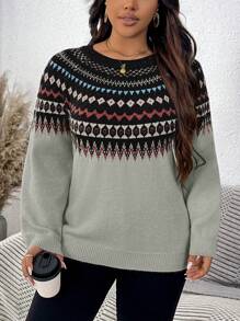 SHEIN LUNE Áo len dệt kim rộng rãi họa tiết thường ngày cỡ lớn, mùa thu/đông - Nhiều màu - Xem 4