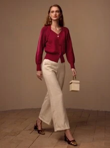 MOTF PREMIUM 羊毛插肩袖纽扣开衫 - 酒紅色 - 查看 7