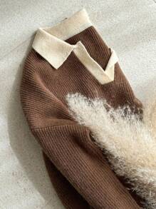 DAZY 1 pieza Jersey casual de mujer con bloqueo de color, hombro caído y manga larga, para otoño/invierno