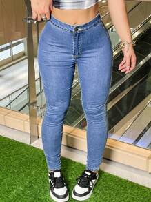 Pantalones ajustados y delgados de corte minimalista para mujer, para uso diario - Azul lavado medio - View 7