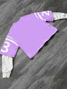 Manfinity Campus Court Aesthetic Post--Men's Casual Colorblock Patchwork Numeral Print Pullover Sweatshirt, Autumn - Mauve Purple - View 2
