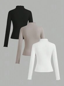 SHEIN EZwear 3 件套女士高领荷叶边下摆紧身休闲长袖打底 T 恤套装，适合秋冬季 - 彩色 - 查看 2