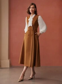 MOTF PREMIUM VESTIDO DE TIRANTES AJUSTADO A LA CINTURA DE DOBLE BOTONADURA