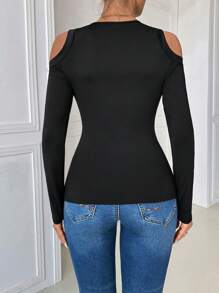 Chiquease Women Sexy Solid Color Hollow Out Open Shoulder Long Sleeve T-Shirt