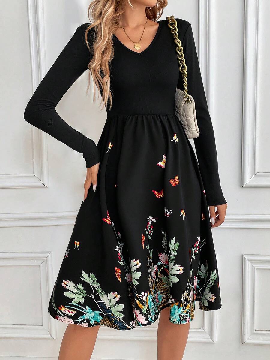 SHEIN Clasi Women Elegant Floral Print ALine Hem Yin Yang Insert