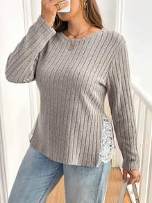 SHEIN Essnce Plus Size Women's Autumn Winter Lace Splicing Brushed Ribbed Long Sleeve T-Shirt,Smart Casual Everyday White Khaki Gray Pullover Fuzzy Teacher Tops - Apricot - View 4