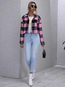 Chiquease Women's Plaid Drop Shoulder Long Sleeve Single-Breasted Cropped Casual Jacket, Autumn