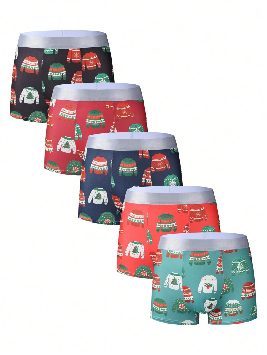 5pcs/Pack Men's Christmas Print Boxer Briefs - Multicolor - View 1