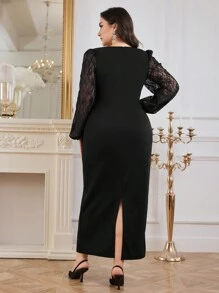Modelyn Plus Size Solid Color Lace Patchwork Sweetheart Neck Elegant Long Sleeve Dress Long Evening Dresses - Black - View 4