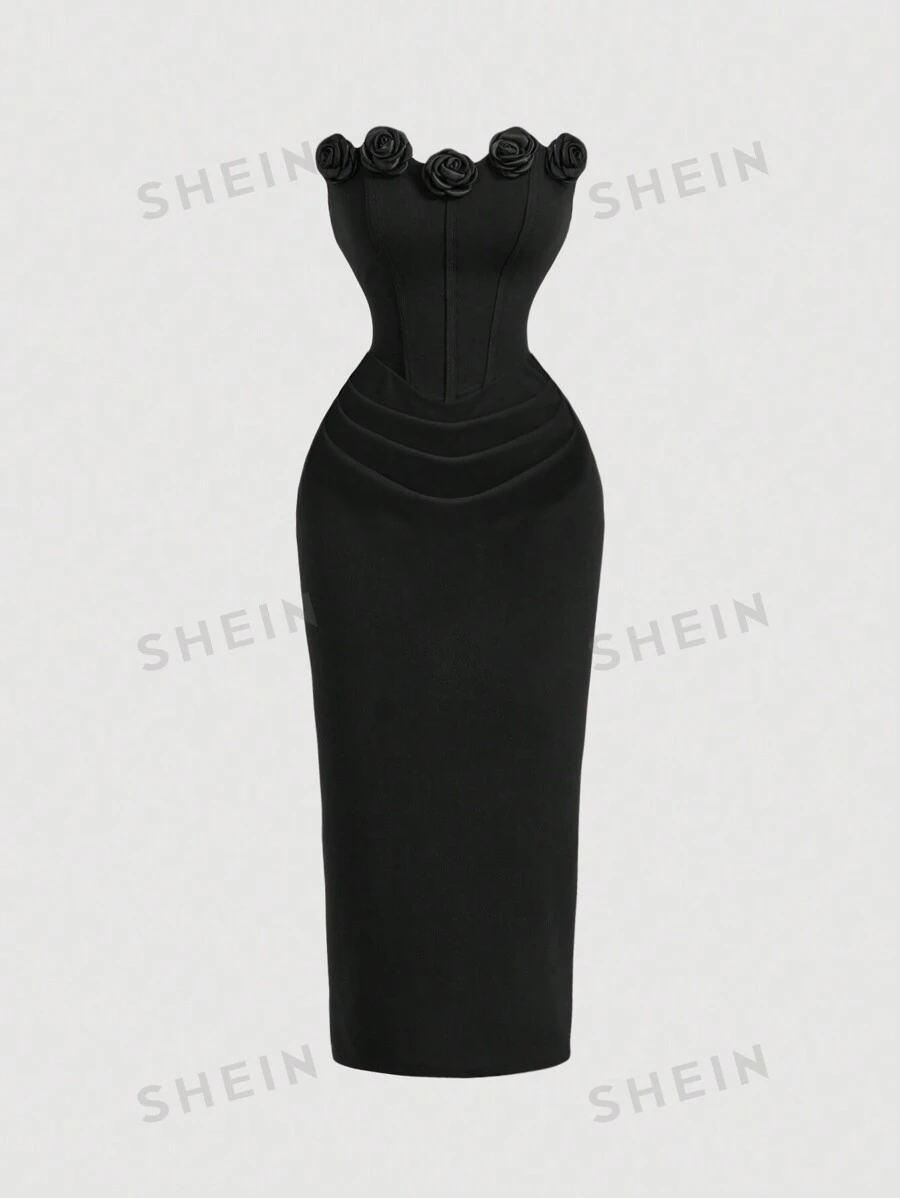 SHEIN MOD 1 pieza Vestido entallado de longitud media con diseño floral 3D para mujer, color rojo