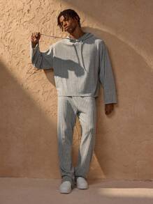 Forever 21 Men's Ribbed Knit Drop Shoulder Drawstring Hoodie & Pants Two-Piece Set