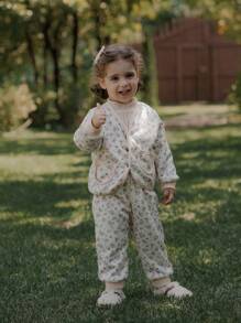 SHEIN 2 件装女婴复古碎花加厚棉袄套装，冬季韩版时尚