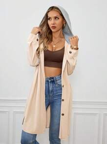 SHEIN LUNE Áo khoác thường ngày có mũ trùm đầu bằng vải nhung kẻ sọc màu khối đơn hàng mùa thu dành cho nữ - Màu Khaki - Xem 4