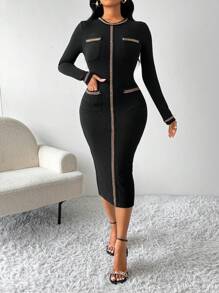 SHEIN Lady Vestido negro ajustado de cuello redondo con detalle de cadena metálica, vestido negro de manga larga, vestido elegante midi para mujer