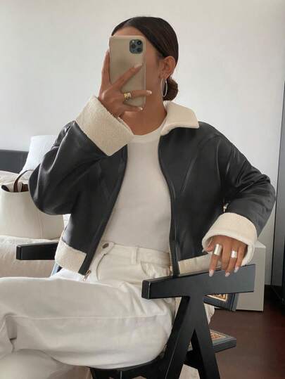 Siren Gaze 1 pieza Chaqueta con cierre y ribete de pelo mujer casual y de tendencia, para otoño