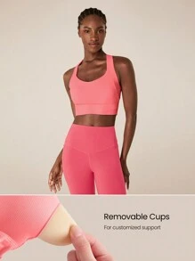 GLOWMODE FeatherFit™-Sculpt Full Coverage Side Support Wide Strap Crossover Sports Bra Light Support Low Impact Yoga Pilates Daily - Coral Pink - View 4