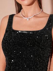 Enchnt 秋冬浪漫女式甜心性感黑色闪亮亮片方领无袖可爱迷你花蕾连衣裙，适合万圣节、感恩节和圣诞节派对黑色闪光连衣裙黑色闪光连衣裙黑色亮片连衣裙 - 黑色 - 查看 3