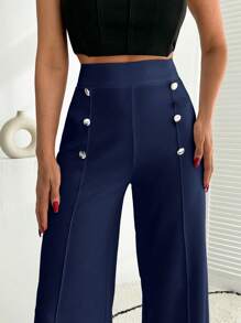 EURMUSE Wide Leg  Pant With Button Detail - Navy Blue - View 5