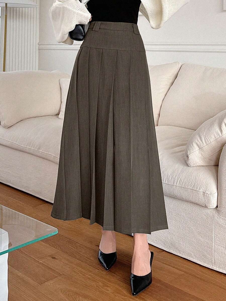 Dazy Star Chân váy dài xếp ly màu trơn thanh lịch dành cho nữ - màu nâu - Xem 1