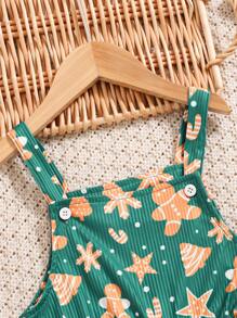 Young Girls Fashion Christmas Cartoon Print Strap Flare Jumpsuit - Multicolor - View 3