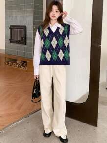 DAZY V-Neck Sleeveless Plaid Knit Sweater Vest For Women, Casual Daily Wear Fall/Winter