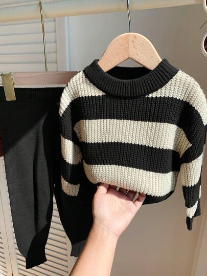 SHEIN Baby Boy/Girl 2pcs Set: Vintage British Style Colorful Striped Contrast Color Crew Neck Drop Shoulder Sweater & Casual All-Match Long Pants, Comfortable & Minimalistic Design, Suitable For Home And Outdoor, Autumn/Winter