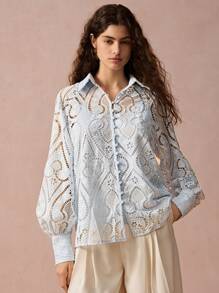 Enchnt Women Light Blue Hollow-Out Embroidered Raglan Sleeve Single-Breasted Blouse,Summer Elegant Tea Party Long Sleeve Top,Christmas New Year Wear - Blue - View 1