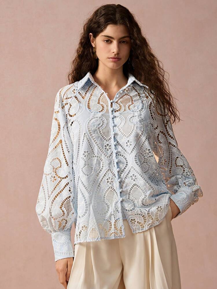 New Autumn Winter Products, Women Hollow-Out Embroidered Raglan Sleeve Single-Breasted Romantic & Elegant  Blouse,Fall Winter Women's Clothing, Winter Top, Long Sleeve Top,Fall Women Outfits,Winter Clothes,Christmas Women Clothes,Vacation Top,New Years Clothes