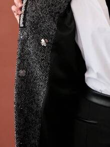 MOTF PREMIUM Mantel mit Stehkragen, Zierperlen und Pailletten-Besatz, Fischgrätmuster