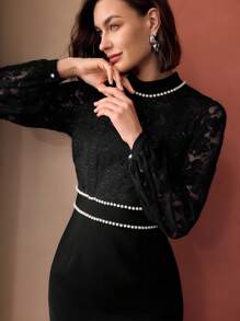 MOTF PREMIUM VÁY NGẮN CỔ GIẢ NGỌC TRAI CÓ CHI TIẾT REN THÂN VÁY ĐÈN LỒNG TAY - màu đen - Xem 6