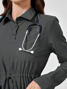 TaskEZ 1 Set Solid Color Front Button Long Sleeve Simple Scrub Top And Pants, Casual Scrub Uniform - Grey - View 5